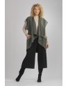 GILET VESTE ALICE SANS MANCHES EN LIN LAINE BICOLORE VERT AMANDE ET FICELLE AVEC PANTALON JUPE CULOTTE