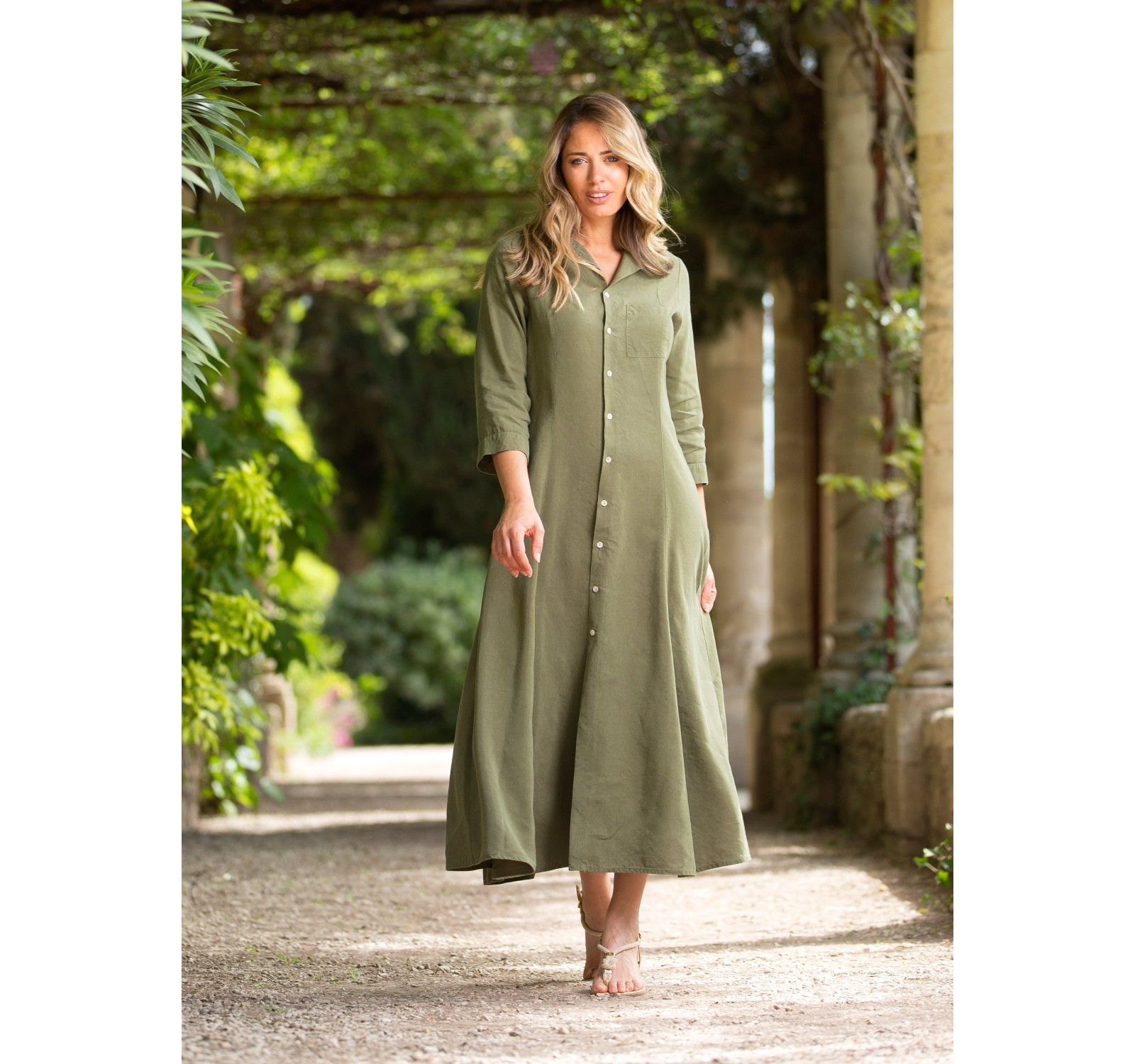 Robe longue en lin vert kaki Jade