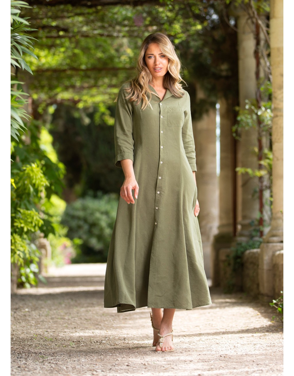 Robe longue en lin vert kaki Jade