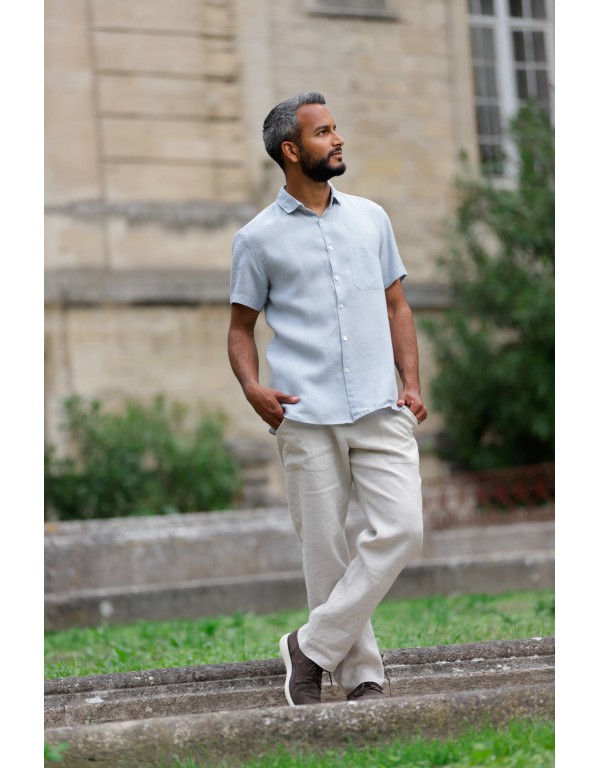 Chemise en lin bleu clair homme manches courtes – Modèle Mathis