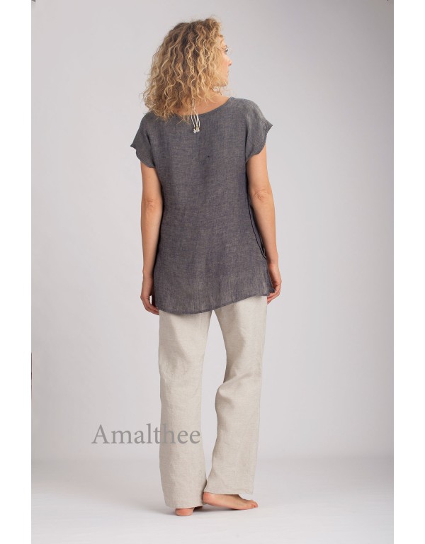 TOP SELENE EN VOILE DE LIN BLEU GRIS FONCE