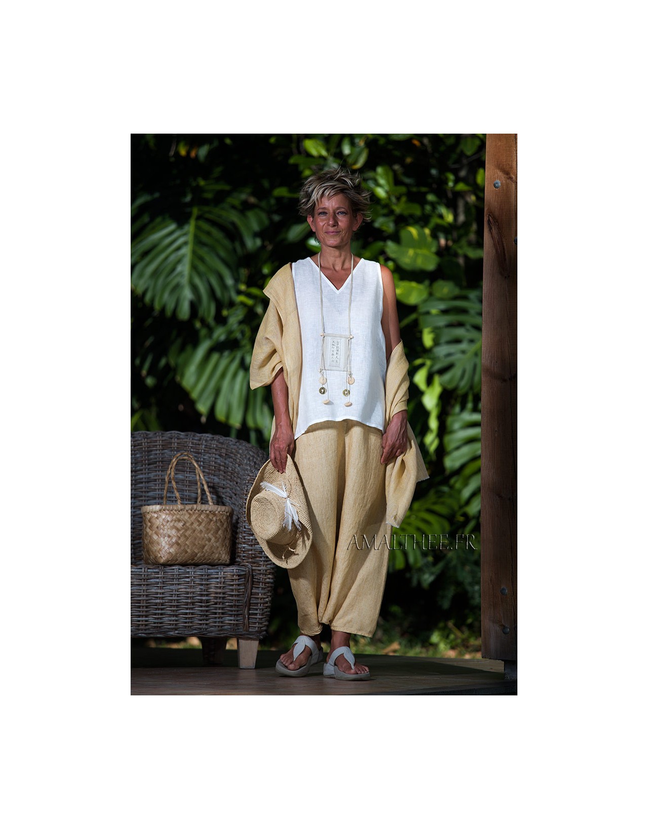 Sarouel-jupe en lin chambray paille