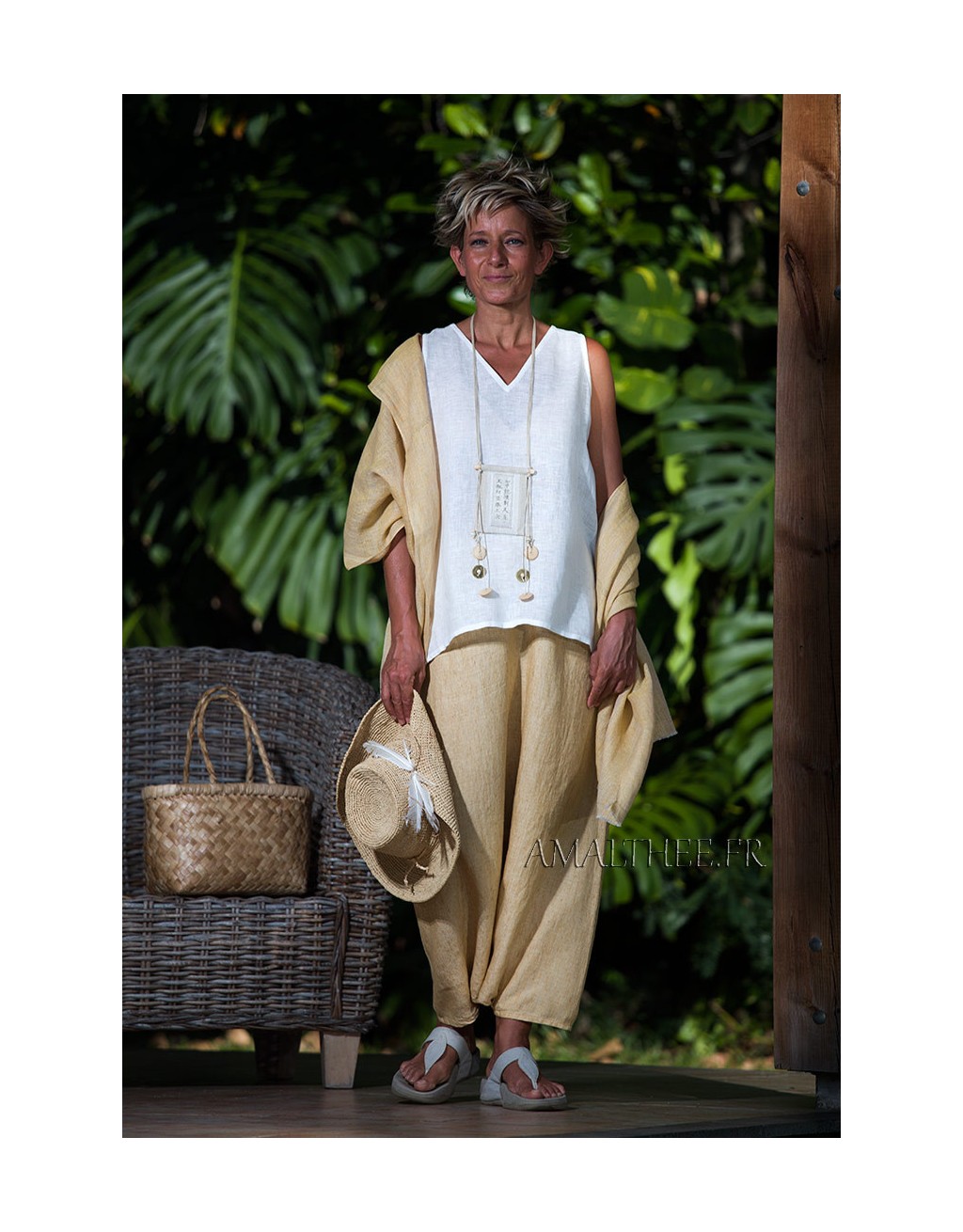 Sarouel-jupe en lin chambray paille Sarouel-jupe en lin chambray paille