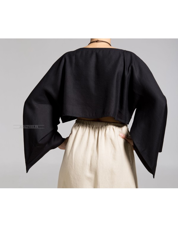 TOP JAPON EN LIN NOIR MANCHES KIMONO