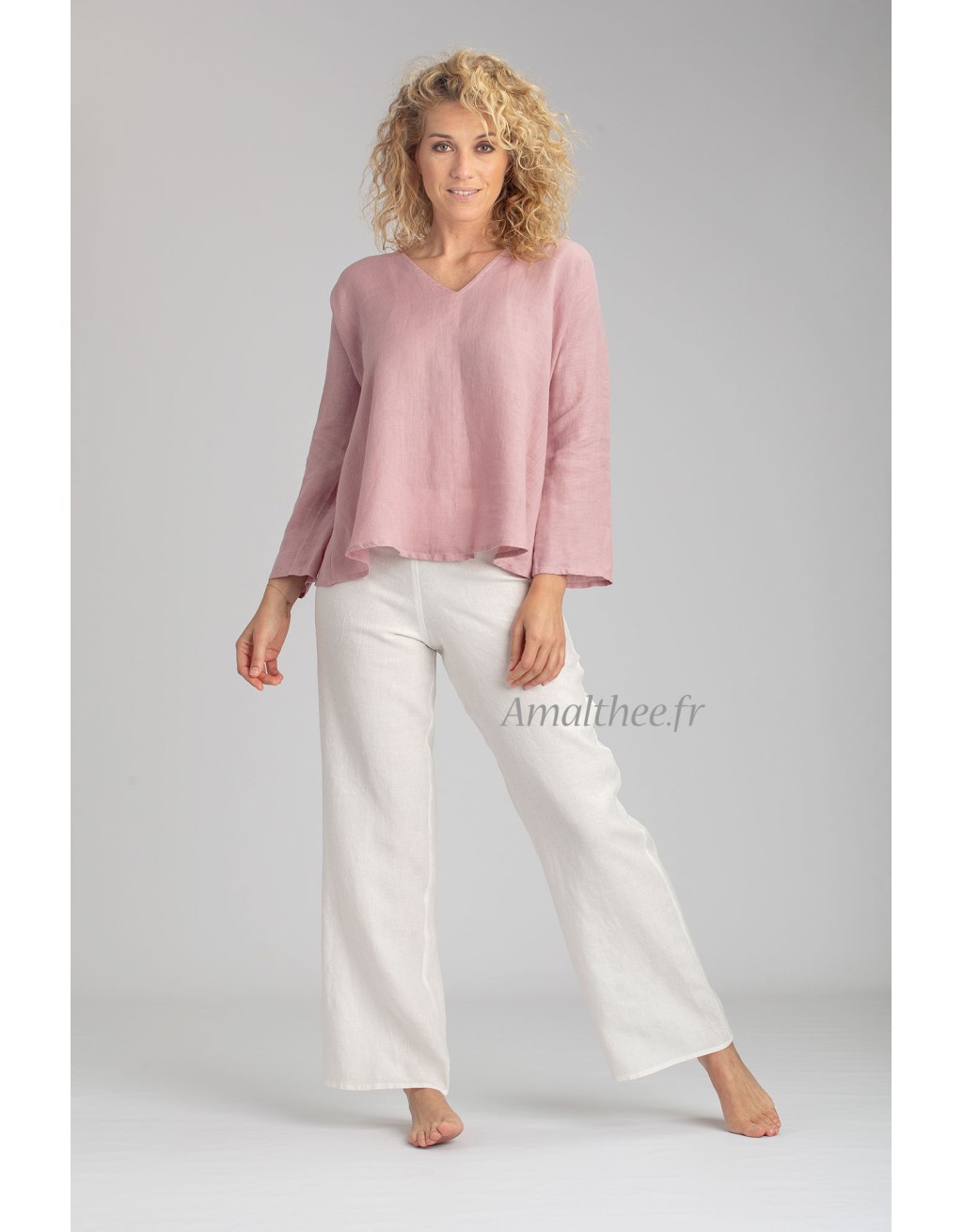 TOP DANA EN VOILE DE LIN  ROSE MANCHES LONGUES