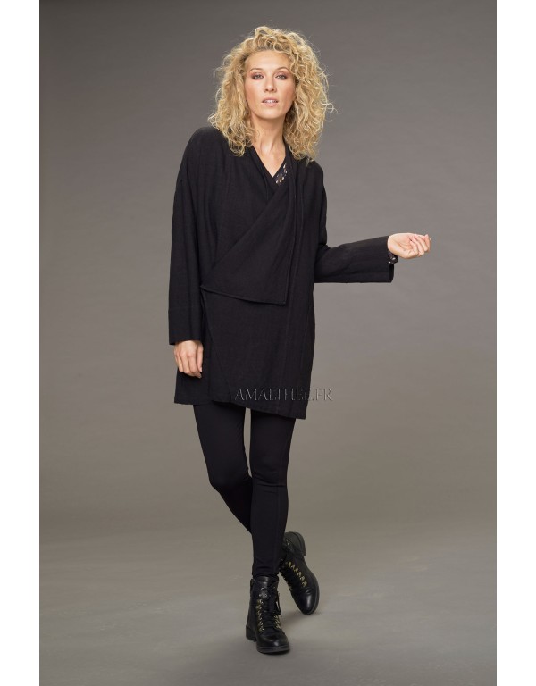 Manteau Lise en lin laine noir (avec lien sur le côté)