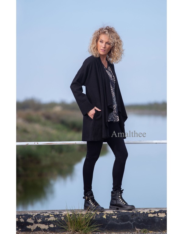 Manteau Lise en lin laine noir (avec lien sur le côté)
