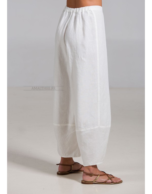 PANTALON LARGE BULLE EN LIN BLANC CASSE