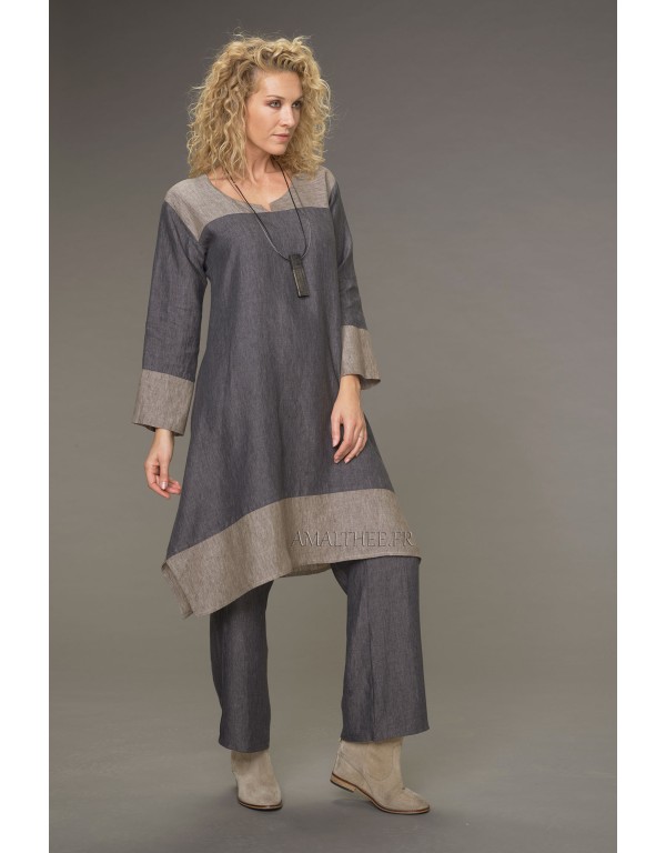 Tunique Elisa en lin chambray version robe bicolore gris ardoise /taupe