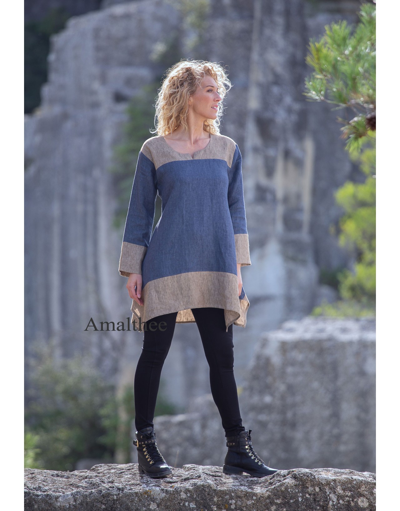 Tunique Elisa en lin chambray version courte bicolore bleu jean /taupe