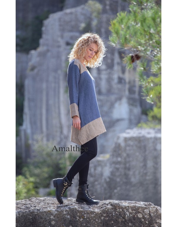 Tunique Elisa en lin chambray version courte bicolore bleu jean /taupe