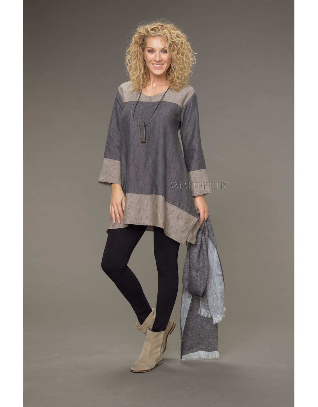 Tunique Elisa en lin chambray version courte bicolore gris ardoise /taupe