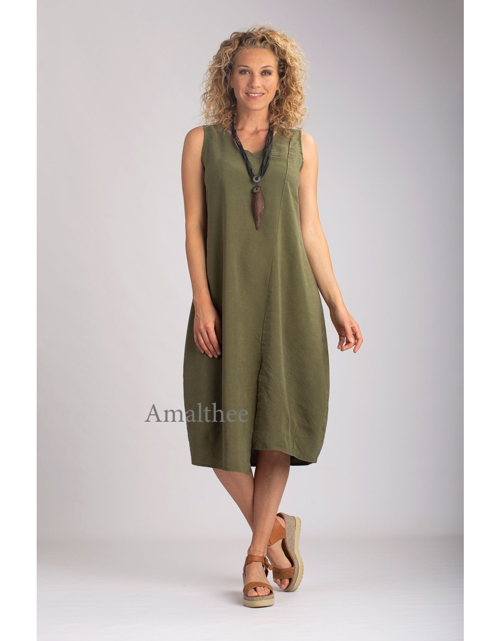 ROBE ELENA EN LIN TENCEL VERT KAKI