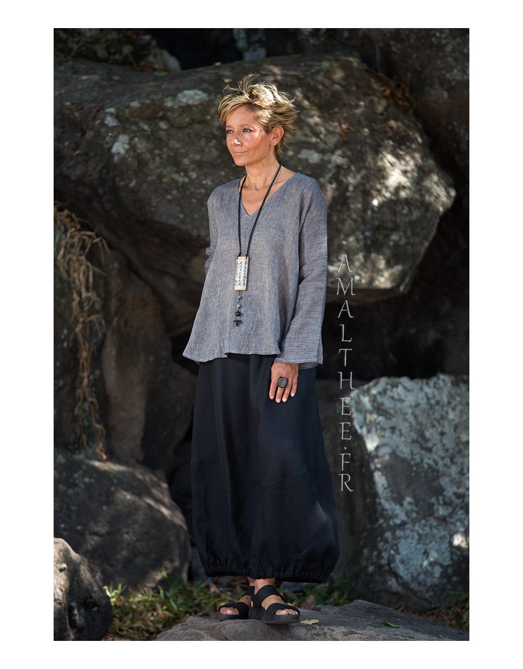 Top en voile de lin gris ardoise Dana