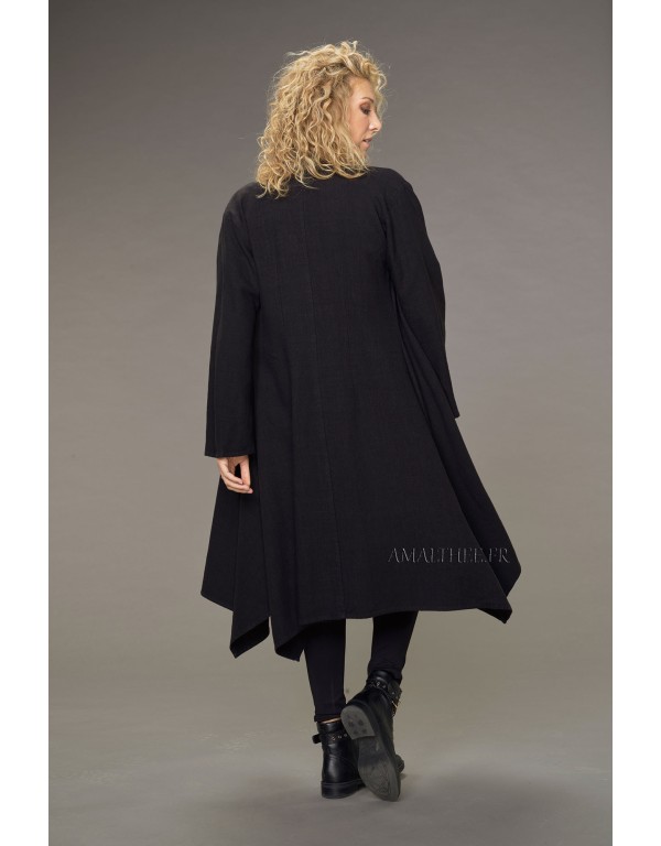 MANTEAU ADÈLE LONG EN LIN LAINE NOIR