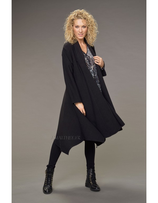 Manteau Adèle long en lin laine noir